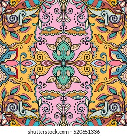 Seamless abstract hand drawn pattern. Decorative stylized floral seamless background. Tribal ethnic ornate decoration. Arabic, indian, turkish ornament. Geometric doodle colorful seamless texture