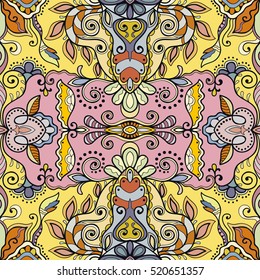 Seamless abstract hand drawn pattern. Decorative stylized floral seamless background. Tribal ethnic ornate decoration. Arabic, indian, turkish ornament. Geometric doodle colorful seamless texture