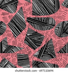 Seamless abstract hand drawn pattern. Black, white and pink