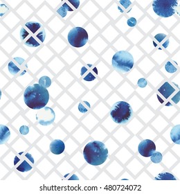 Seamless abstract hand drawn spot pattern with blue watercolor circles. Vector illustration