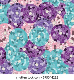 Seamless abstract hand drawn vector pattern. Summer cold colours, modern wave and mosaic circles texture. Ceramic tile floor ornament stylization. Boho fashion style for prints