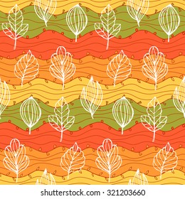 Seamless Abstract Hand Drawn Wave and Leafs Pattern. Autumn. Vector illustration for wallpapers, textile prints, backgrounds