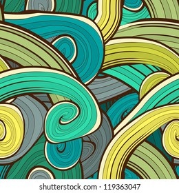 Seamless abstract hand drawn waves pattern. Wavy background. Ocean background. Background design in green, aqua, blue colors. Vintage design. Seamless floral  pattern can be used for web, wallpaper