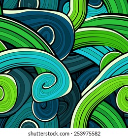 Seamless abstract hand drawn waves pattern. Wavy background. Ocean background. Background design in vivid colours. Vintage design. Seamless floral pattern can be used for web, wallpaper