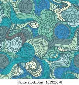 Seamless abstract hand-drawn blue waves pattern, wavy background. Seamless pattern can be used for wallpaper, pattern fills, web page background,surface textures.  seamless floral background