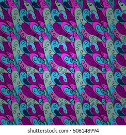 Seamless abstract hand-drawn doodles pattern. Pink, blue. Round shadow. Vector.