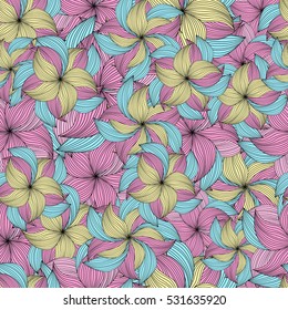 Seamless abstract hand-drawn floral pattern. The flowers look like pinwheel. Vector illustrated. 