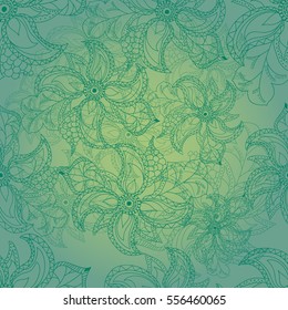 Seamless abstract hand-drawn floral pattern on green background. Use for wallpaper, pattern fills, web page background, surface textures. Gorgeous seamless floral background