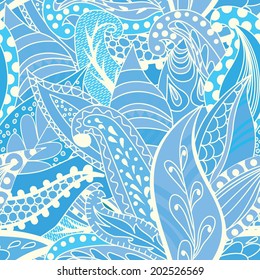 Seamless abstract hand-drawn leaves pattern, wavy background. Seamless pattern can be used for wallpaper, pattern fills, web page background,surface textures. Gorgeous seamless floral background 