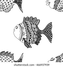 Seamless abstract hand-drawn ornamental fish with waves pattern. Zentangle ornamental fish background. Doodl style.