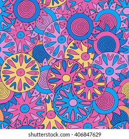 Seamless abstract hand-drawn pattern with colorful circles