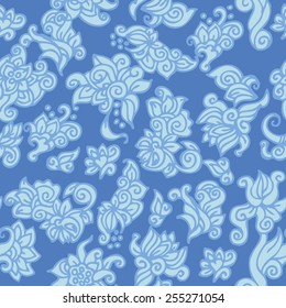 Seamless abstract hand-drawn pattern with decorative flowers on a blue background 