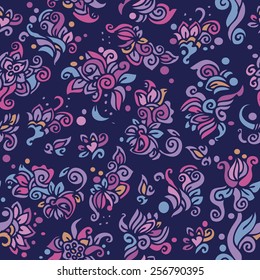 Seamless abstract hand-drawn pattern with decorative flowers on a blue background