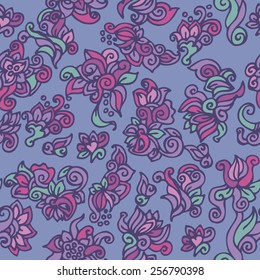 Seamless abstract hand-drawn pattern with decorative flowers on a blue background