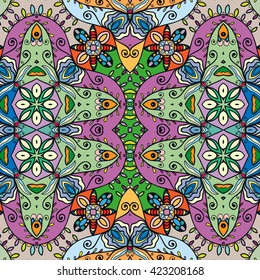 Seamless abstract hand-drawn pattern. Decorative stylized floral seamless background. Tribal ethnic ornate decor, geometric doodle repeating texture for wallpaper, pattern fills, web page background