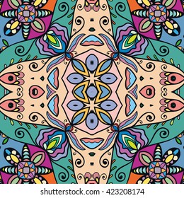 Seamless abstract hand-drawn pattern. Decorative stylized floral seamless background. Tribal ethnic ornate decor, geometric doodle repeating texture for wallpaper, pattern fills, web page background