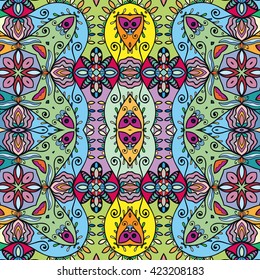 Seamless abstract hand-drawn pattern. Decorative stylized floral seamless background. Tribal ethnic ornate decor, geometric doodle repeating texture for wallpaper, pattern fills, web page background