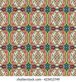 Seamless abstract hand-drawn pattern. Decorative stylized floral seamless background. Tribal ethnic ornate decor, geometric doodle seamless texture for wallpaper, pattern fills, web page background