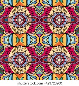 Seamless abstract hand-drawn pattern. Decorative stylized floral seamless background. Tribal ethnic ornate decor, geometric doodle seamless texture for wallpaper, pattern fills, web page background