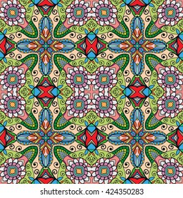 Seamless abstract hand-drawn pattern. Decorative stylized floral seamless background. Tribal ethnic ornate decor, geometric doodle seamless texture for wallpaper, pattern fills, web page background