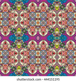 Seamless abstract hand-drawn pattern. Decorative stylized floral seamless background. Tribal ethnic ornate decoration. Arabic, islamic, indian, turkish ornament. Geometric doodle seamless texture