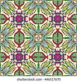 Seamless abstract hand-drawn pattern. Decorative stylized floral seamless background. Tribal ethnic ornate decoration. Arabic, islamic, indian, turkish ornament. Geometric doodle seamless texture