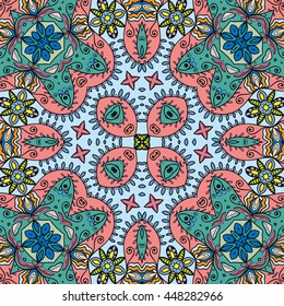 Seamless abstract hand-drawn pattern. Decorative stylized floral seamless background. Tribal ethnic ornate decoration. Arabic, islamic, indian, turkish ornament. Geometric doodle seamless texture