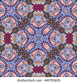 Seamless abstract hand-drawn pattern. Decorative stylized floral seamless background. Tribal ethnic ornate decoration. Arabic, islamic, indian, turkish ornament. Geometric doodle seamless texture