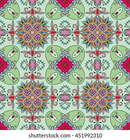 Seamless abstract hand-drawn pattern. Decorative stylized floral seamless background. Tribal ethnic ornate decoration. Arabic, islamic, indian, turkish ornament. Geometric doodle seamless texture