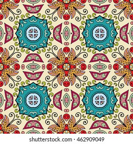 Seamless abstract hand-drawn pattern. Decorative stylized floral seamless background. Tribal ethnic ornate decoration. Arabic, islamic, indian, turkish ornament. Geometric doodle seamless texture
