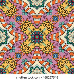 Seamless abstract hand-drawn pattern. Decorative stylized floral seamless background. Tribal ethnic ornate decoration. Arabic, islamic, indian, turkish ornament. Geometric doodle seamless texture