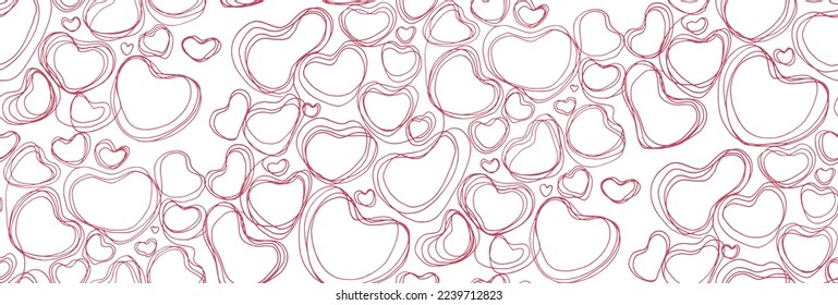 Seamless abstract hand-drawn pattern on white. Doodle pink hearts. Vector illustration in sketch style. Cute endless texture for kids design, Valentine's Day decor, wallpaper, wrapper or fabrics. 