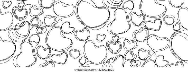 Patrón abstracto e impecable dibujado a mano sobre el blanco. Corazones lineales de perro. Ilustración vectorial en estilo de esbozo. Textura interminable para el diseño infantil, decoración de San Valentín, papel pintado, envoltura o telas. 