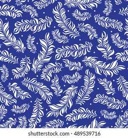 Seamless abstract hand-drawn pattern. Russian style. White and blue colored