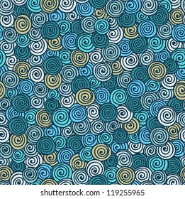 Seamless abstract hand-drawn pattern with swirls in blue colors. Vector illustration