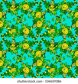 Seamless abstract hand-drawn petals pattern, wavy background. Scales. Shield. Green, blue, yellow
