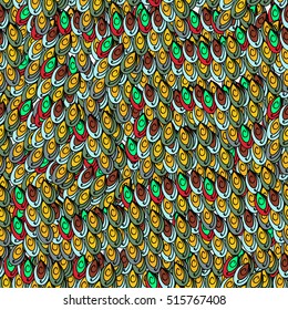 Seamless abstract hand-drawn scales pattern, colorful background.