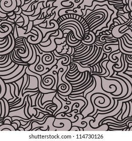 Seamless abstract hand-drawn vector pattern, waves hair background