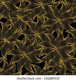 Seamless abstract hand-drawn wallpaper with flowers in gold