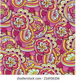 Seamless abstract hand-drawn waves and flowers pattern. Vector hand drawn illustration