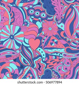 Seamless abstract hand-drawn waves pattern. Bright colors