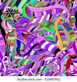 Seamless abstract hand-drawn waves pattern, wavy stripes background. Lilac, green, white.