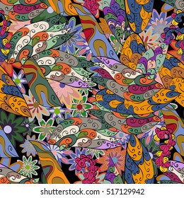 Seamless abstract hand-drawn waves pattern, wavy background. Red, orange, yellow, green, beige. Dim.
