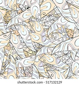Seamless abstract hand-drawn waves pattern, wavy background. White, beige, brown. Dim.
