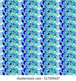 Seamless abstract hand-drawn waves pattern, wavy background. Scales. Shield. Blue. Row.