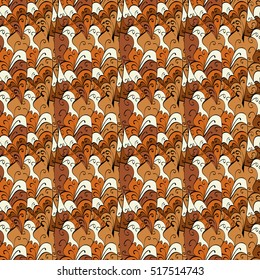 Seamless abstract hand-drawn waves pattern, wavy background. Scales. Shield. Brown. Beige. White.