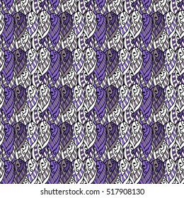 Seamless abstract hand-drawn waves pattern, wavy background. Scales. Shield. Lilac, blue, white.