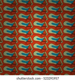 Seamless abstract hand-drawn waves pattern, wavy background. Scales. Shield. Orange, blue.