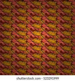 Seamless abstract hand-drawn waves pattern, wavy background. Scales. Shield. Red, yellow, orange.