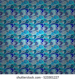 Seamless abstract hand-drawn waves pattern, wavy background. Scales. Shield. Blue.